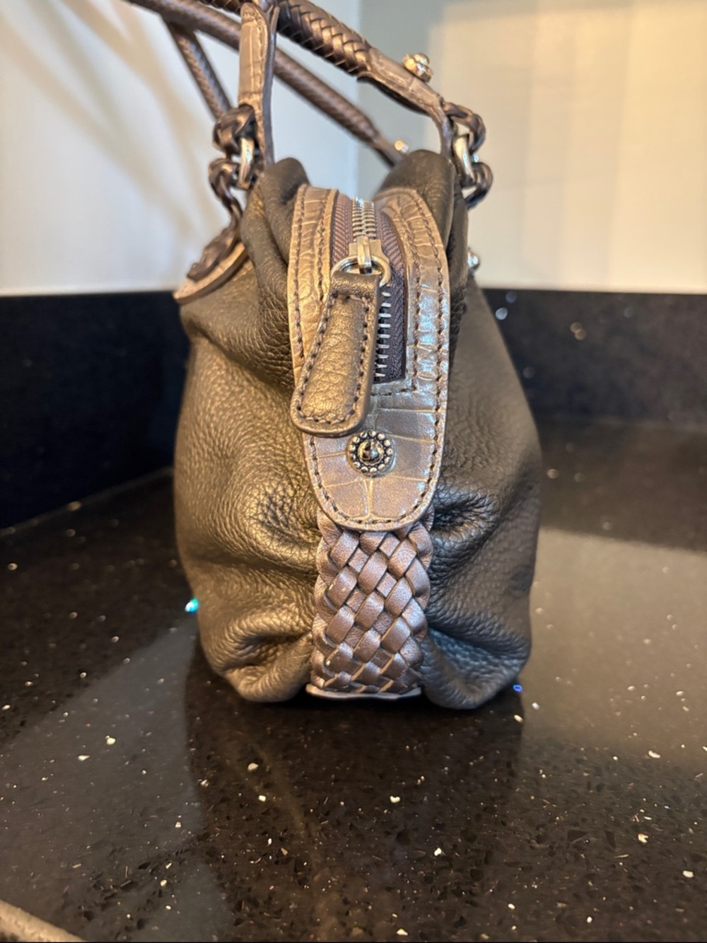 *Brighton Pebbled Leather Double Handles Satchel Handbag Metallic Bronze Hobo - Picture 6 of 17